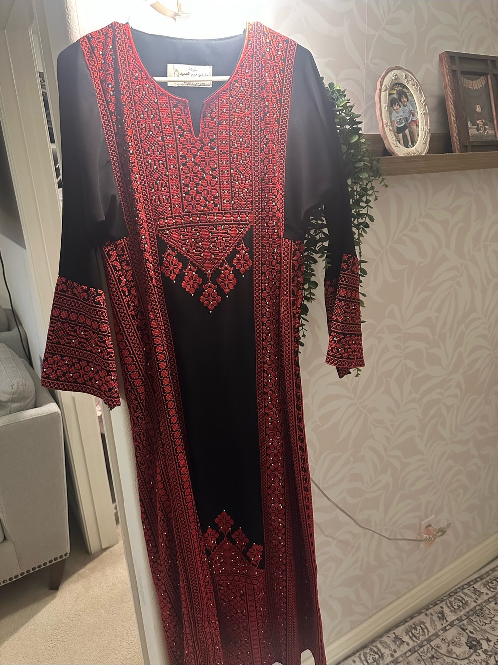 Embroidered Black Maxi Dress with Red Detailing